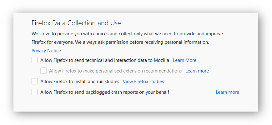 Screenshot of Firefox telemetry settings.