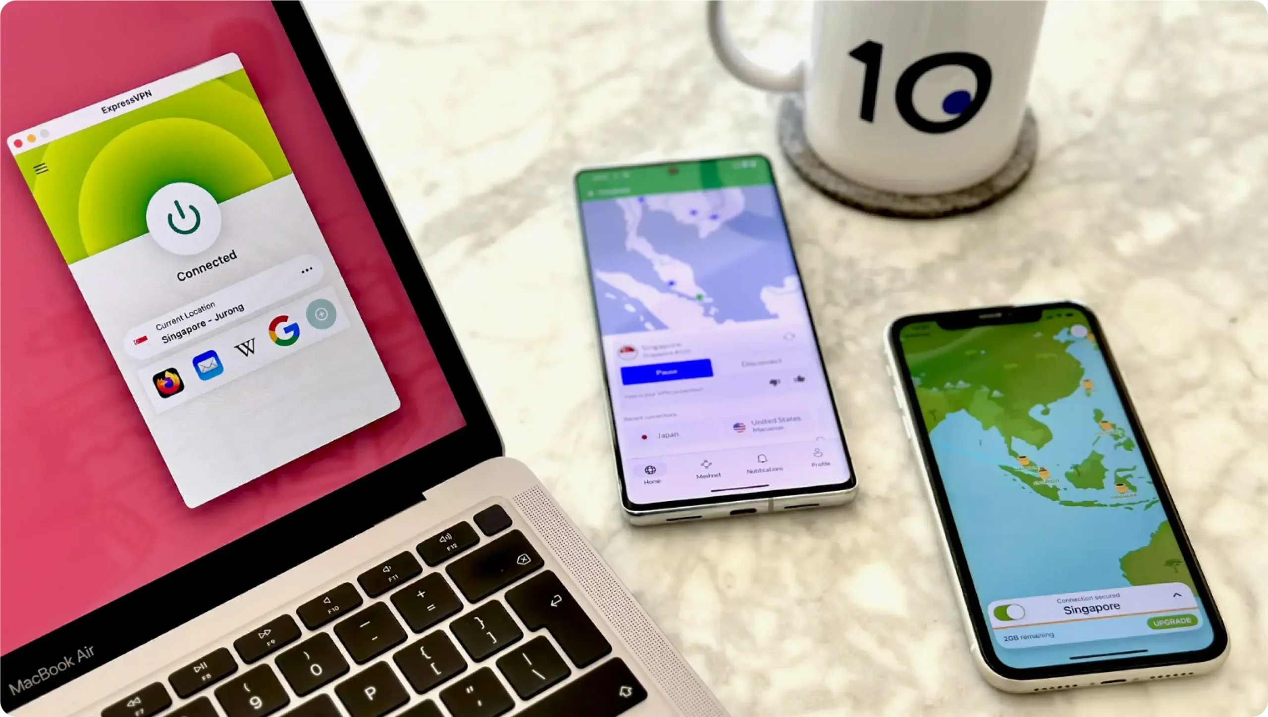 Best VPNs for Singapore header with ExpressVPN, NordVPN and Tunnelbear on a Macbook, Android phone and iPhone