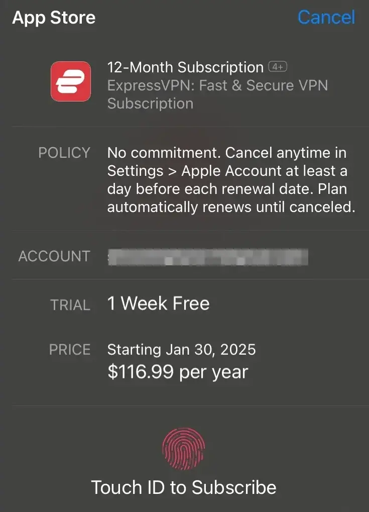 Pantalla de confirmación de acceso a la prueba gratuita de ExpressVPN para iOS