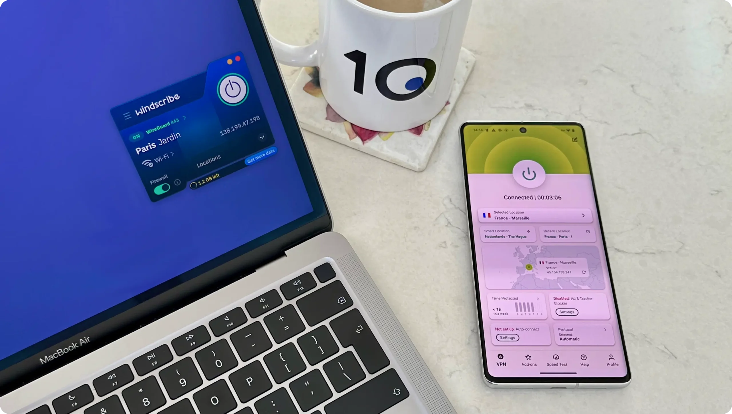 Best VPNs for France: ExpressVPN on an Android and Windscribe's free service on a Macbook Air