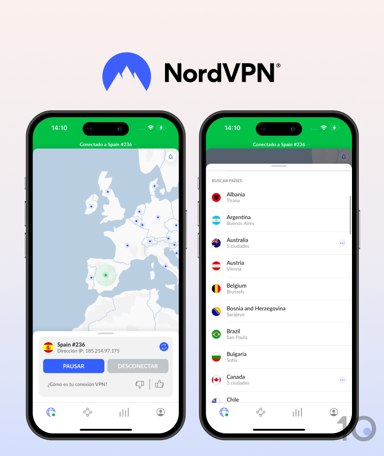 Aplicación VPN de NordVPN en iOS