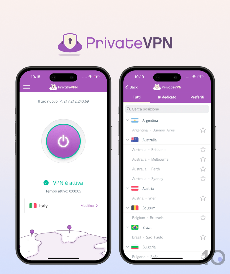 Schermata dell'app PrivateVPN