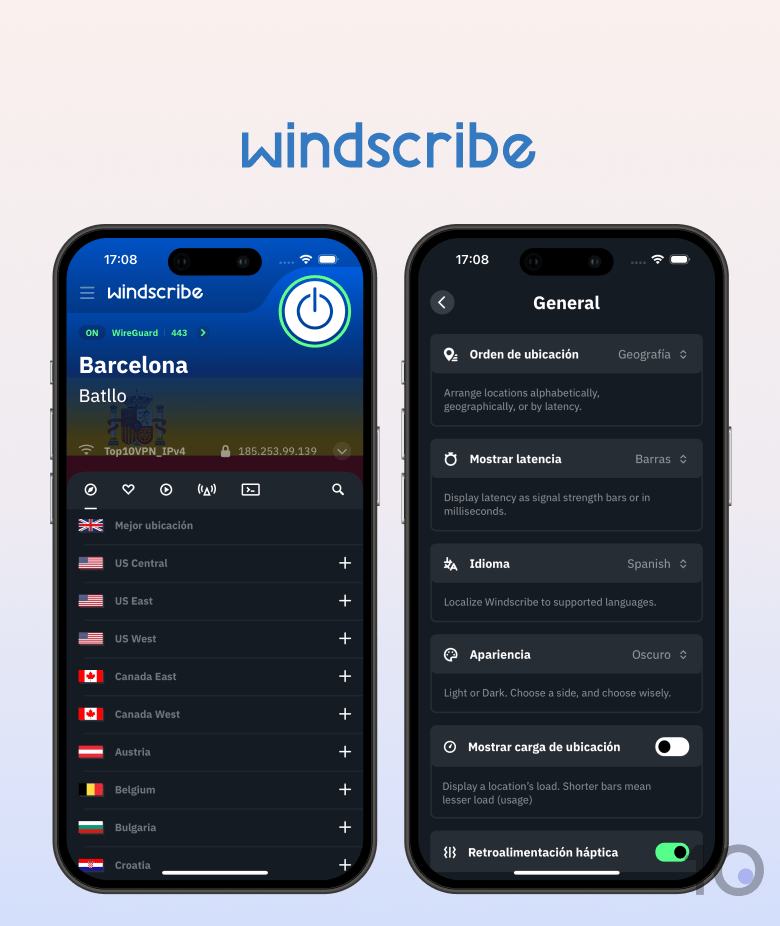 Aplicación Windscribe en iOS